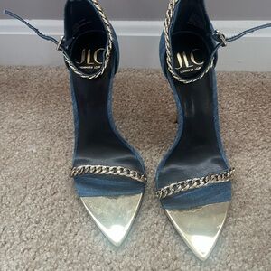 Jennifer Lopez Denim and Gold Chain Heels - Size 7M